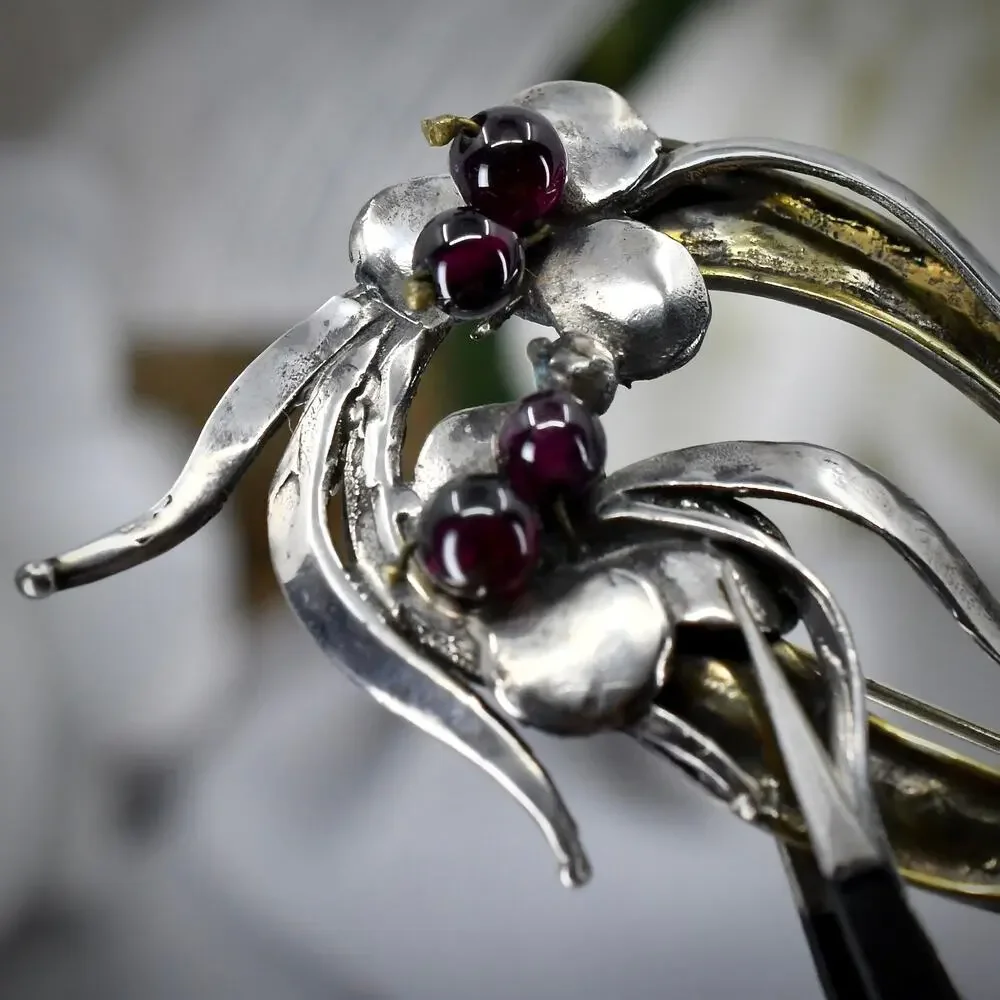 Vintage Brutalist Mixed Metal Brooch Silver Bronze Garnet Modernist Artisan